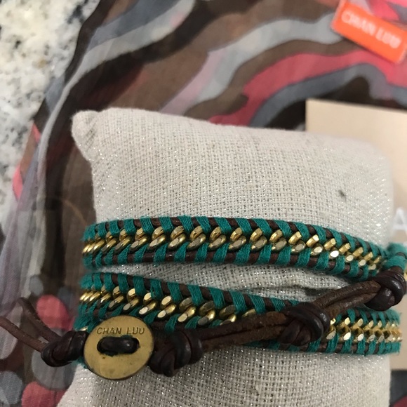 Chan Luu Wrap Bracelet Turquoise & Gold Tone Herringbone Chain Leather Closure - Picture 4 of 6